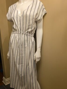 Striped V-Neck Linen Elastic Waist Midi Dress - White & Navy
